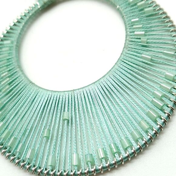 Green Thread-Wrapped Beaded Open Circle Drop Earrings - Picture 5 of 7